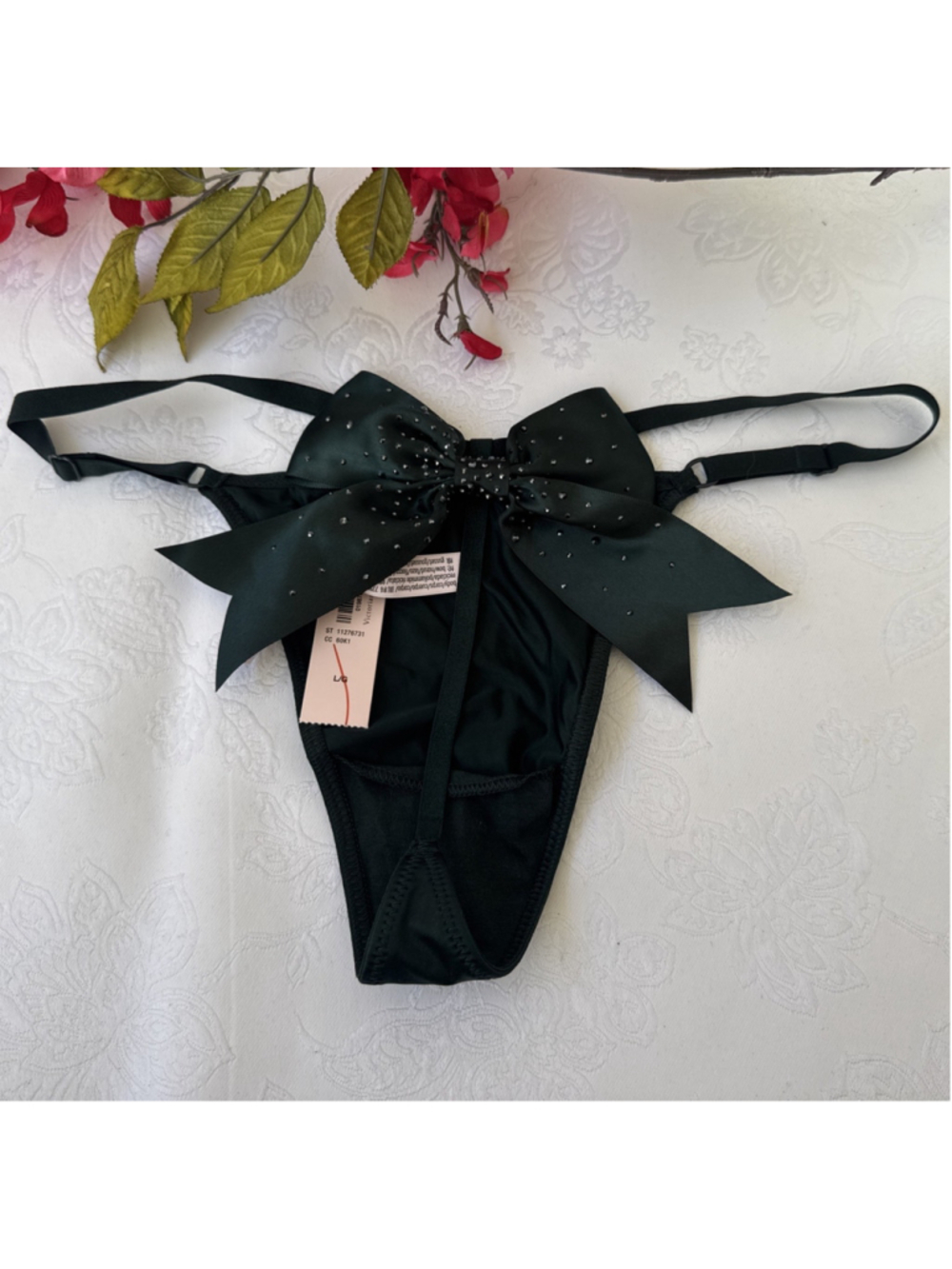 VICTORIA'S SECRET L GREEN V STRING BOW RHINESTONE VERY SEXY THONG PANTIES NWT